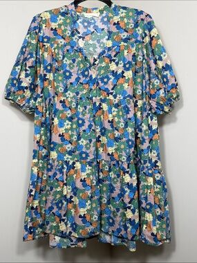 By Together Floral V-Neck Dress in Blue, Green & Peach